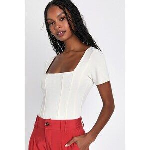 Lulus Elevated Instinct Ivory Square Neck Pintuck Bodysuit White - Size S